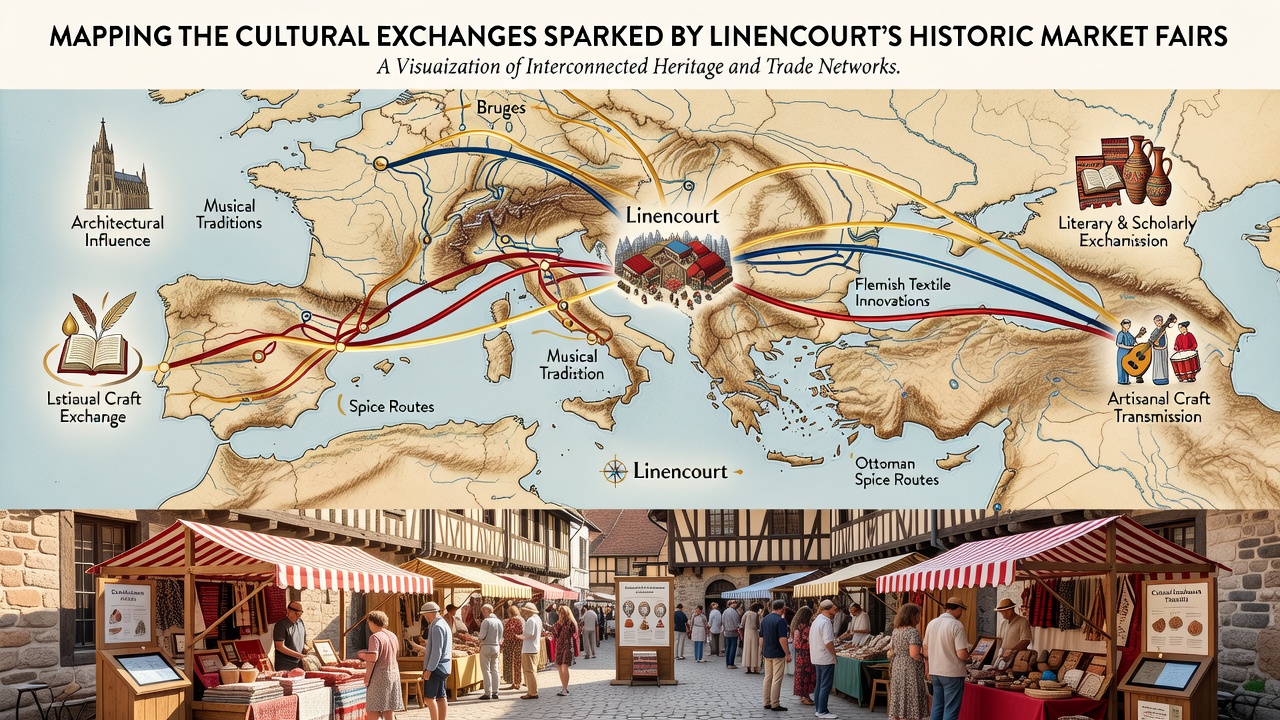 Detailed map overlay showing historical trade routes connected to Linencourt market fairs