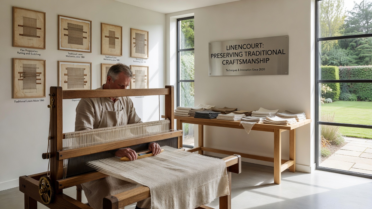 Display of finished linen textiles alongside historical tools at the Linencourt heritage center